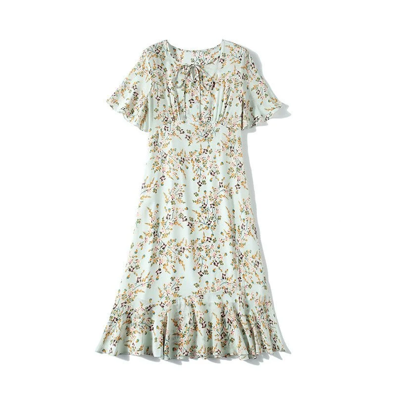 Vestido midi de seda floral de mujer con mangas de aleteo de dobladillo con volantes Vestido de seda verde - Imagen 8