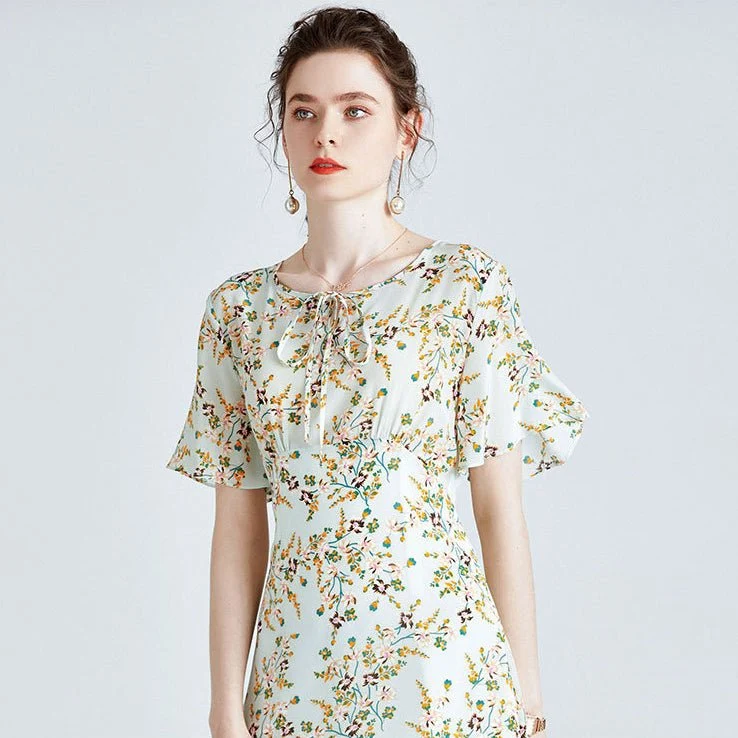 Vestido midi de seda floral de mujer con mangas de aleteo de dobladillo con volantes Vestido de seda verde - Imagen 7