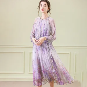 Vestido midi de seda floral Vestidos de seda de manga larga para mujer