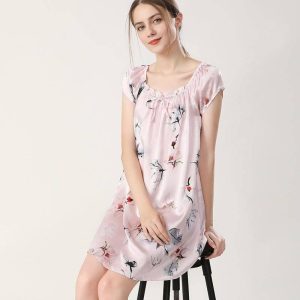Camisón de seda con estampado floral para mujeres camisón de seda suelta