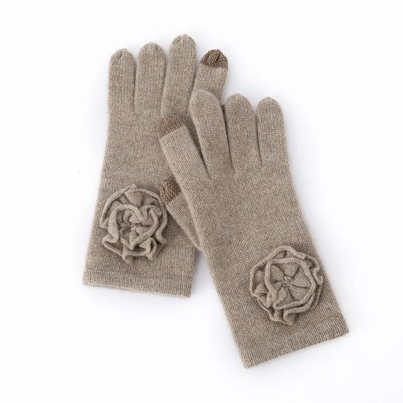 Guantes de cachemira con flores Dedos con pantalla táctil Mitones de punto puro - Imagen 3