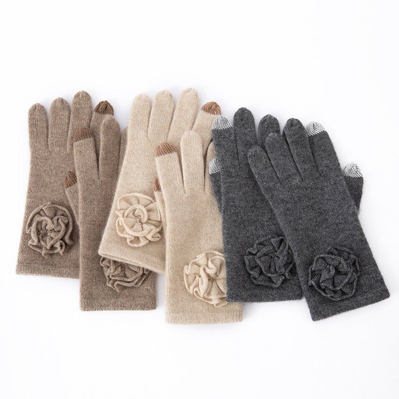 Guantes de cachemira con flores Dedos con pantalla táctil Mitones de punto puro - Imagen 5