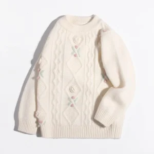 Chicas suéter de cachemir cable bordado floral bordado blusa