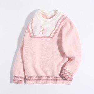Girls Pure Cashmere Sweater Sailor Collar y Bow Detalle Kids Cashmere Pule