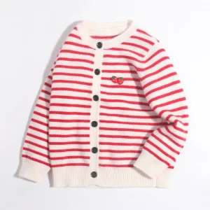Cardigan de rayas a rayas para niños Sweater de cachemir de bordados de fresa