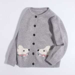 Kids Botton Down Cashmere Cardigan Bunny Bordado de bordado Séter de cachemir