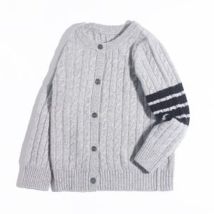 Niños Cable de cable de punto Cantelicería Cardigan Camiseta de manga de rayas Cibercuesidad