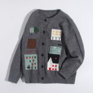 Cashmere Cashmere Cardigan Village Scene Knit Cajazón de manga larga