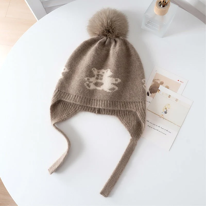Gorro con orejeras de punto de cachemira para niños con pompón y osito de peluche Gorro de cachemira - Imagen 3