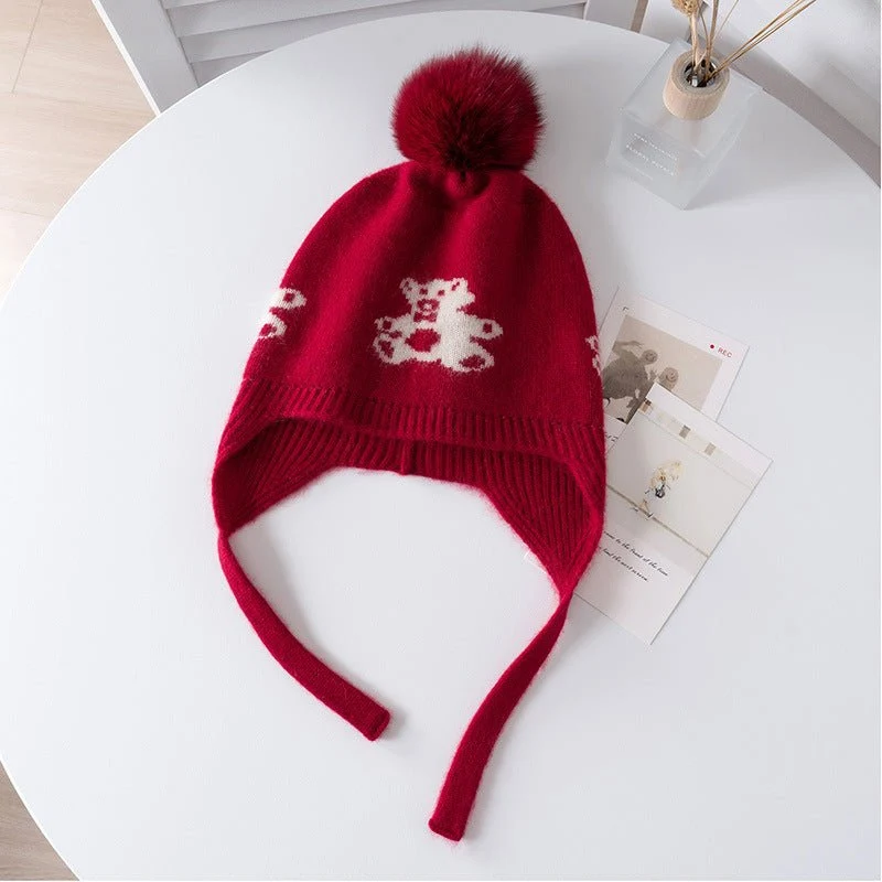 Gorro con orejeras de punto de cachemira para niños con pompón y osito de peluche Gorro de cachemira - Imagen 4