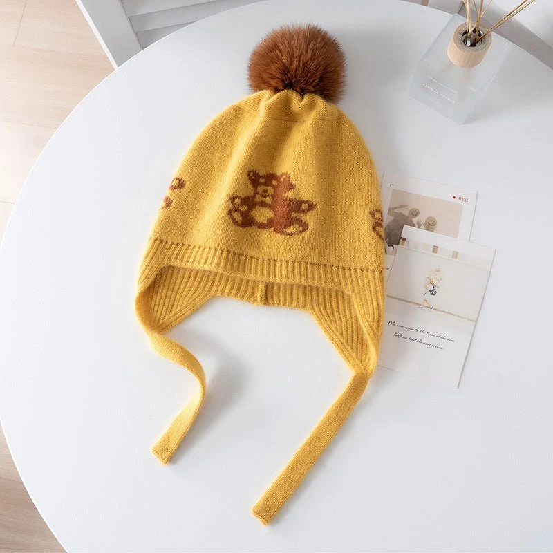 Gorro con orejeras de punto de cachemira para niños con pompón y osito de peluche Gorro de cachemira - Imagen 5