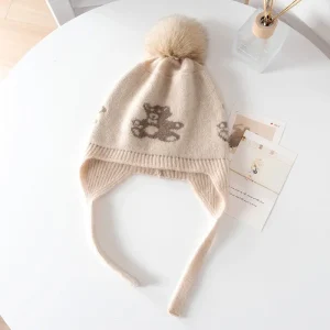 Gorro con orejeras de punto de cachemira para niños con pompón y osito de peluche Gorro de cachemira