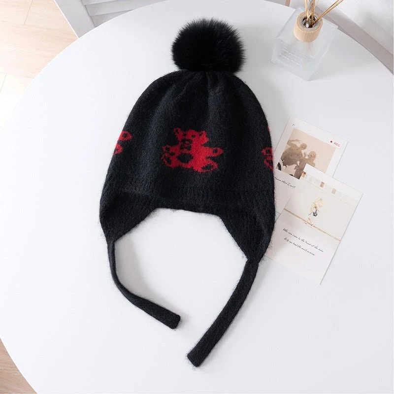 Gorro con orejeras de punto de cachemira para niños con pompón y osito de peluche Gorro de cachemira - Imagen 6