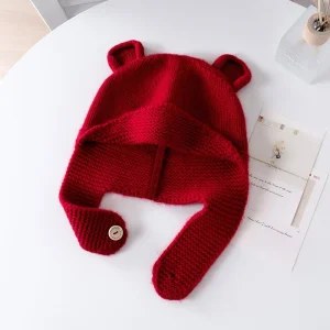 Gorro de punto de cachemira para niños con correa con botones Gorro de cachemira con orejas de oso