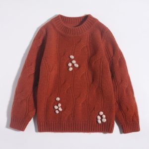 Suéter de cachemir para niños acentos florales 3d de pom-pom.