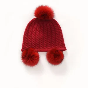 Lindo gorro de cachemira para niños con pompones de piel auténtica Gorro de cachemira tejido