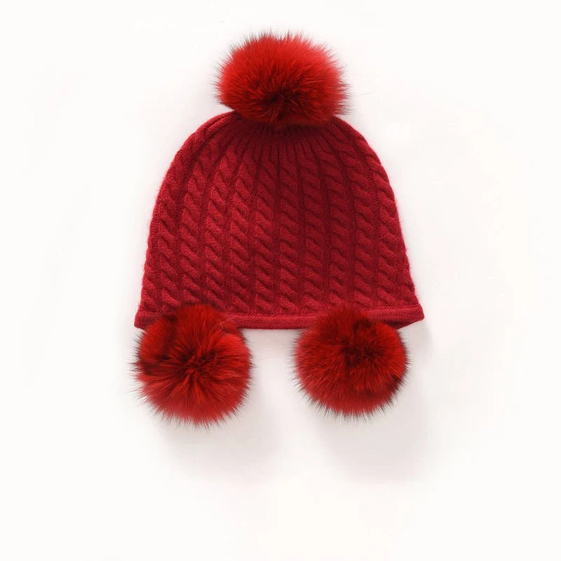 Lindo gorro de cachemira para niños con pompones de piel auténtica Gorro de cachemira tejido