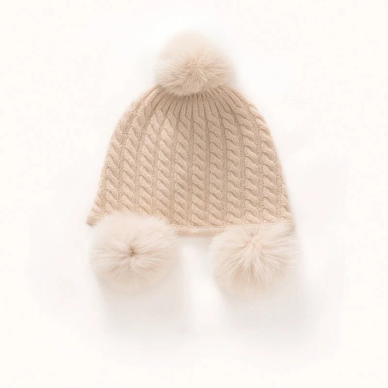 Lindo gorro de cachemira para niños con pompones de piel auténtica Gorro de cachemira tejido - Imagen 4