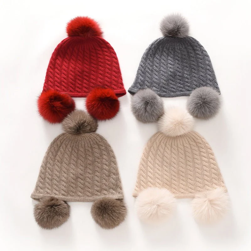 Lindo gorro de cachemira para niños con pompones de piel auténtica Gorro de cachemira tejido - Imagen 6
