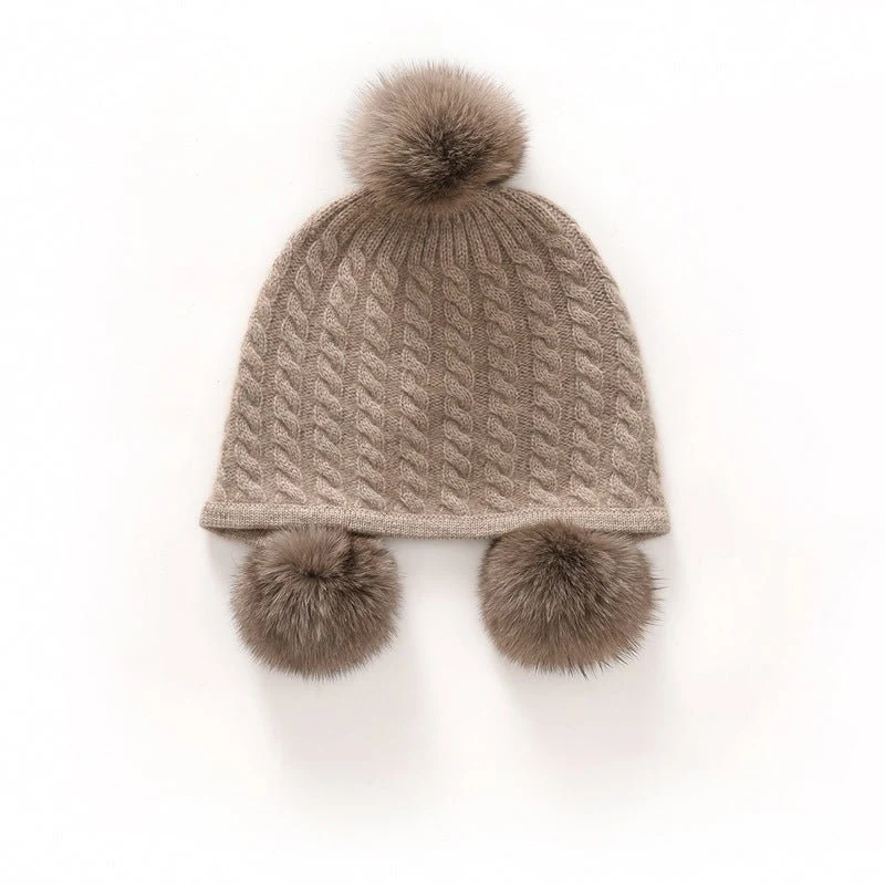 Lindo gorro de cachemira para niños con pompones de piel auténtica Gorro de cachemira tejido - Imagen 5