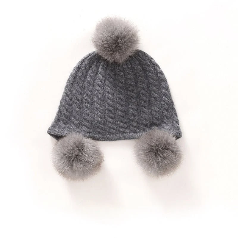 Lindo gorro de cachemira para niños con pompones de piel auténtica Gorro de cachemira tejido - Imagen 3