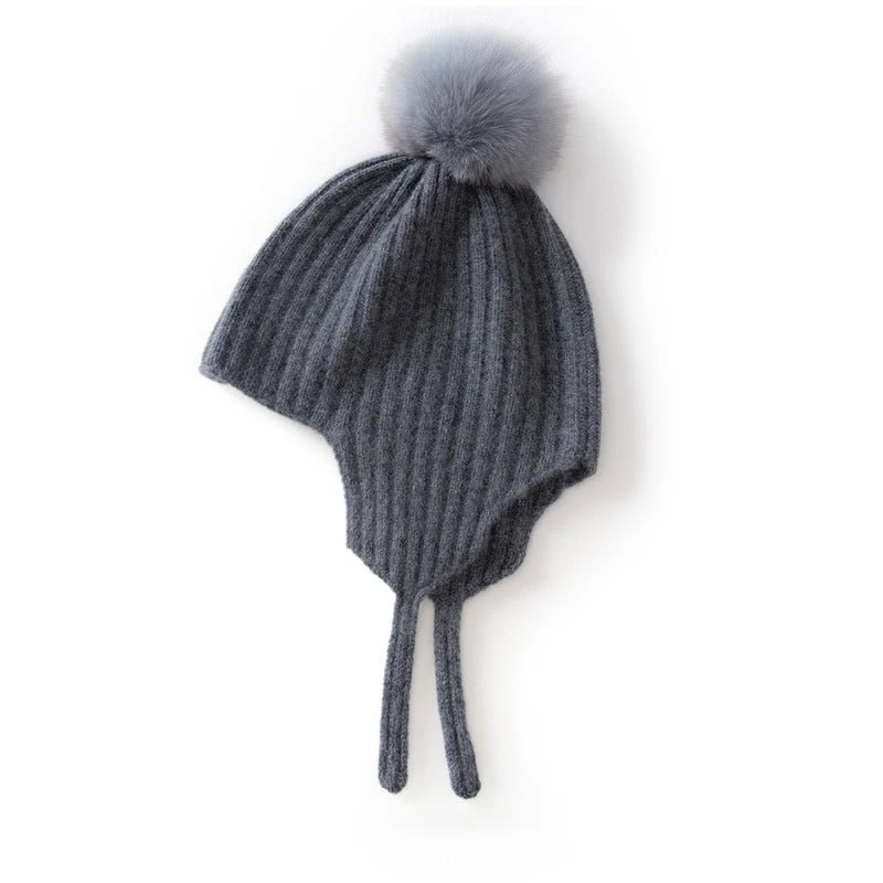 Gorro de cachemira acanalado para niños con orejeras y gorro de punto de cachemira con pompón esponjoso - Imagen 7