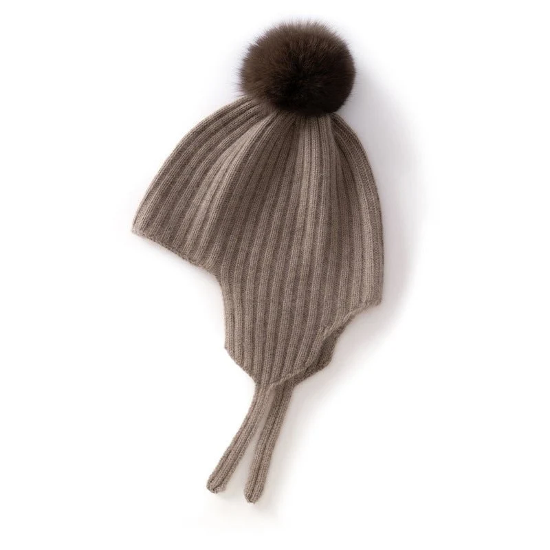 Gorro de cachemira acanalado para niños con orejeras y gorro de punto de cachemira con pompón esponjoso - Imagen 4