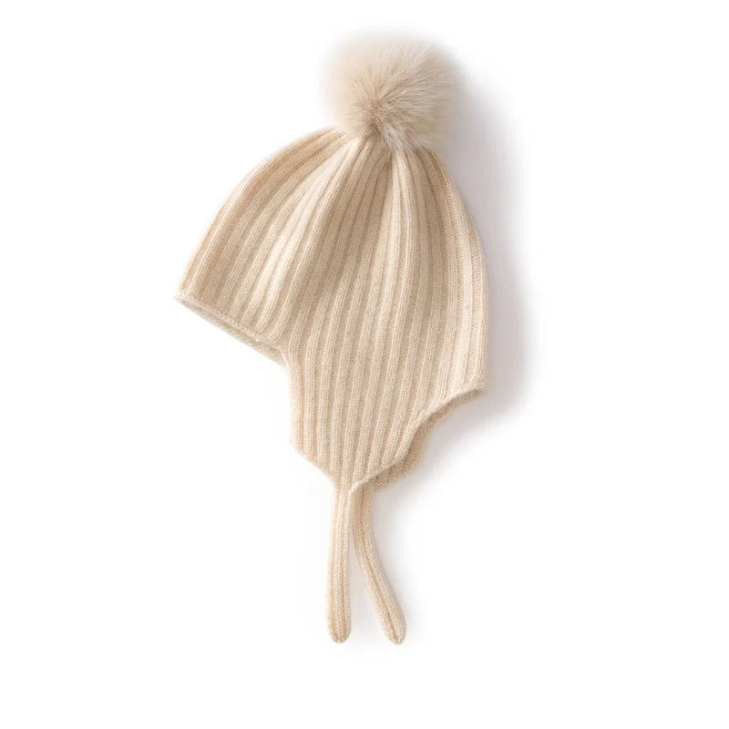 Gorro de cachemira acanalado para niños con orejeras y gorro de punto de cachemira con pompón esponjoso - Imagen 3