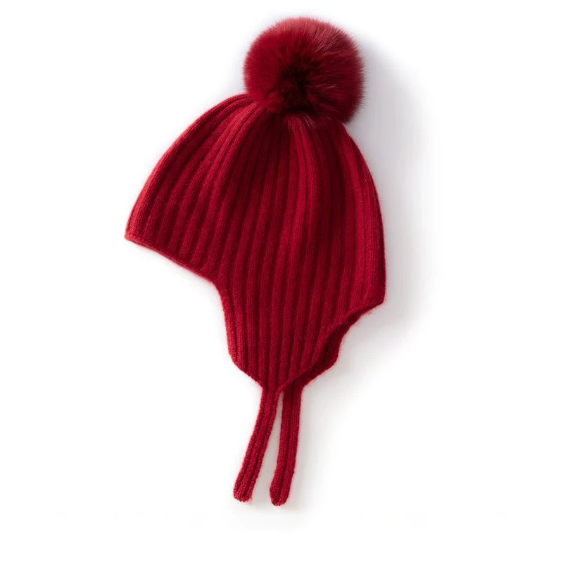 Gorro de cachemira acanalado para niños con orejeras y gorro de punto de cachemira con pompón esponjoso - Imagen 5