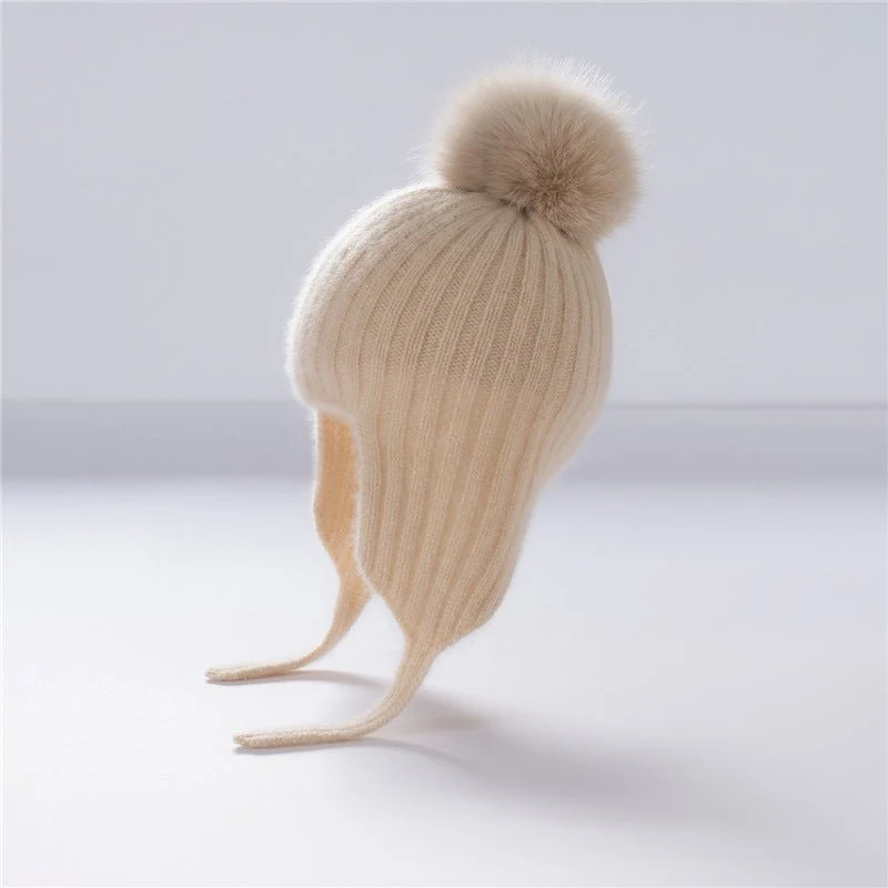 Gorro de cachemira acanalado para niños con orejeras y gorro de punto de cachemira con pompón esponjoso