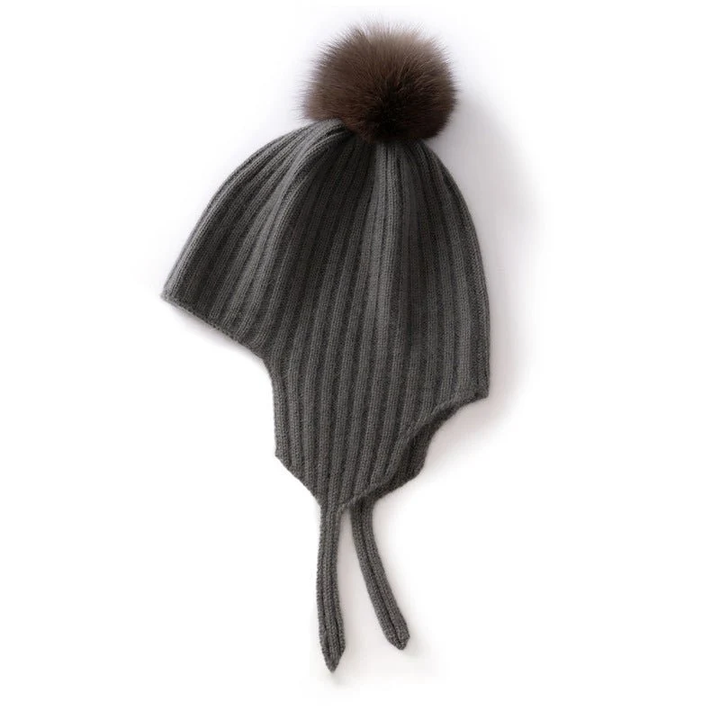 Gorro de cachemira acanalado para niños con orejeras y gorro de punto de cachemira con pompón esponjoso - Imagen 6