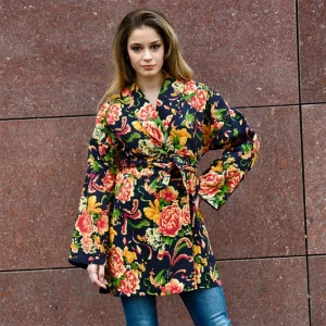 Kimono de cretona de flores azul marino