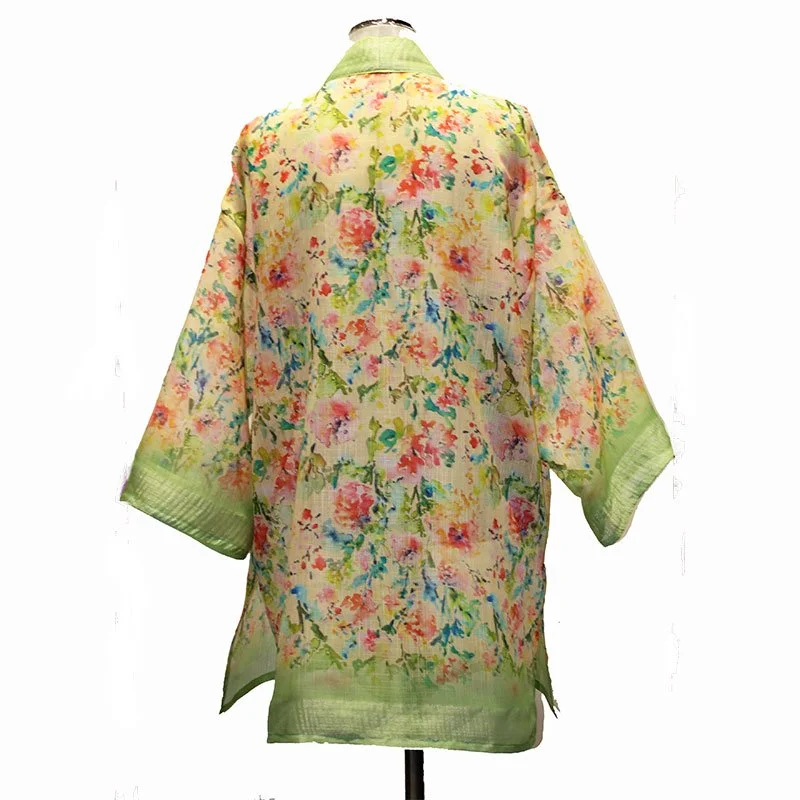 Kimono tipo lino estampado de flores de acuarela - Imagen 5