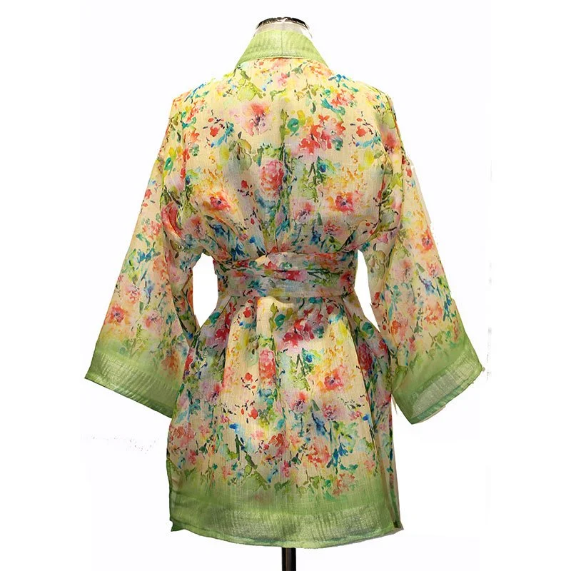 Kimono tipo lino estampado de flores de acuarela - Imagen 3