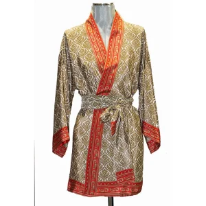 Kimono semi seda Medallón sobre beige y coral