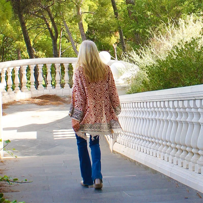 Kimono de viscosa Beige y granate «Geométrico» - Imagen 6