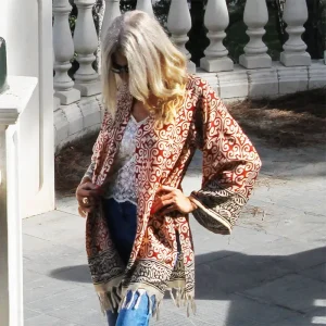Kimono de viscosa Beige y granate «Geométrico»