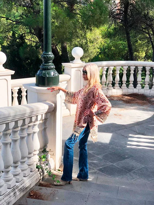 Kimono de viscosa Beige y granate «Geométrico» - Imagen 5