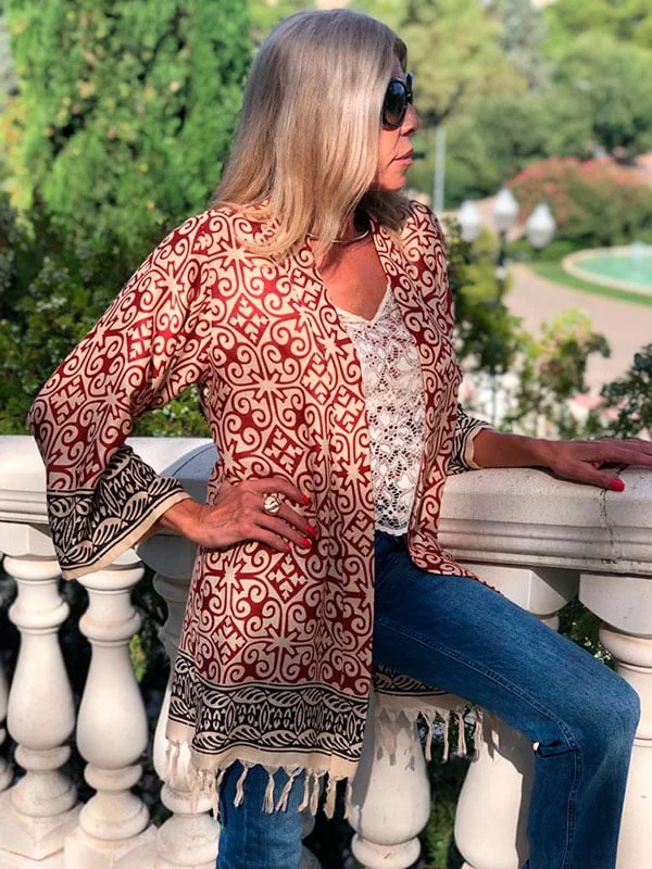 Kimono de viscosa Beige y granate «Geométrico» - Imagen 4