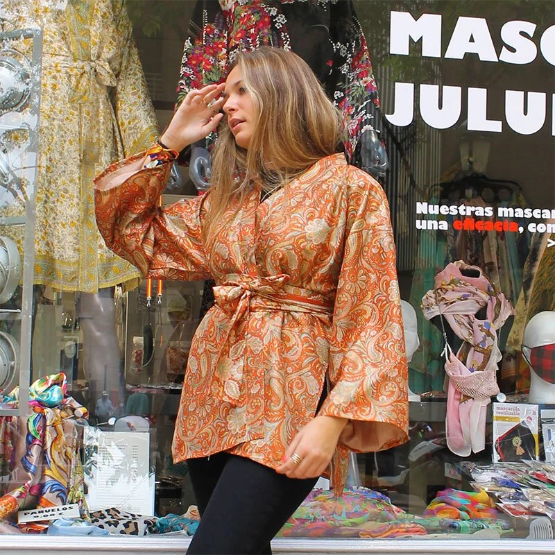 KIMONO SEMI SEDA FORRO “NARANJA CALDERO»CACHEMIRES Y - Imagen 4