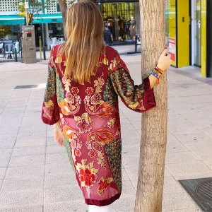 Kimono de terciopelo devore Rubí pavo real
