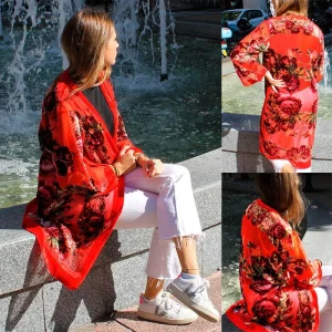 Kimono de terciopelo devore Rojo