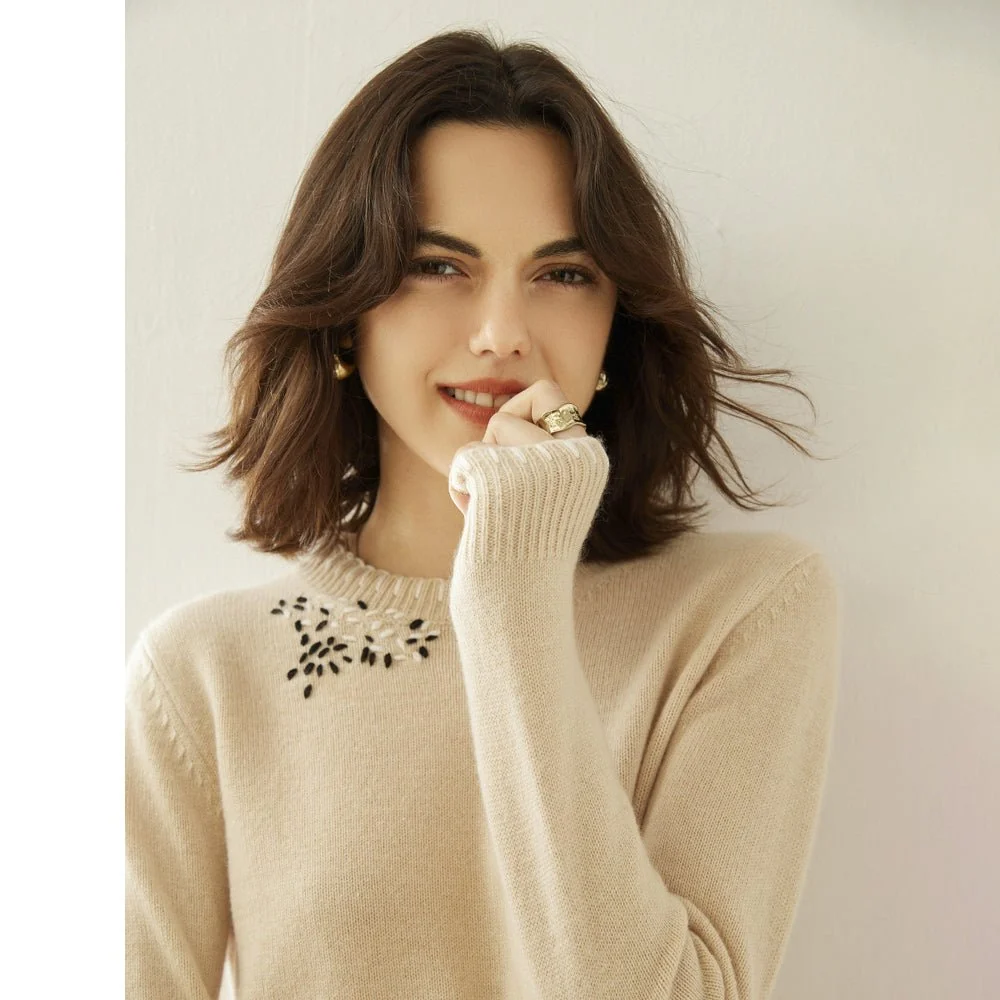 Jersey de cachemir con cuello redondo para mujer y ribete de puntadas bordadas en contraste - Imagen 8