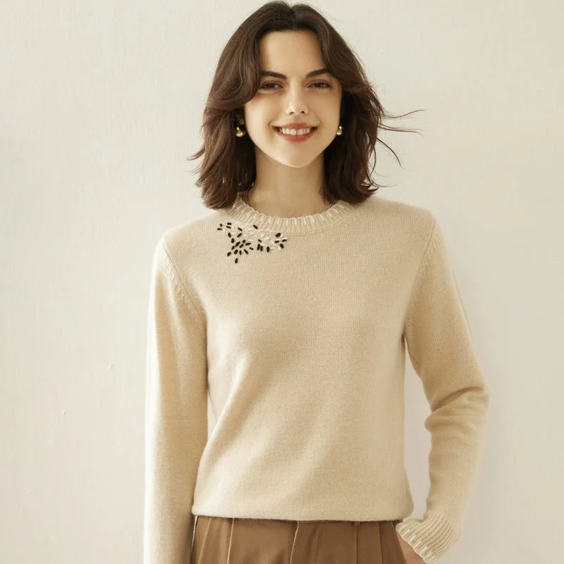 Jersey de cachemir con cuello redondo para mujer y ribete de puntadas bordadas en contraste - Imagen 5
