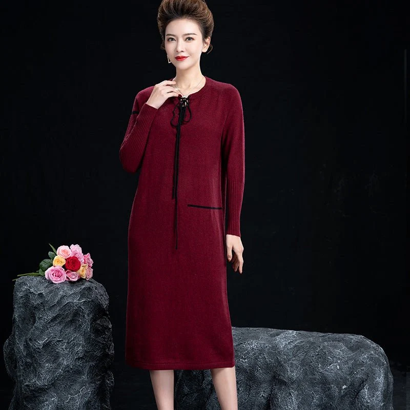 Vestido midi de punto de cachemira para mujer Vestido holgado de manga larga con cuello anudado - Imagen 4