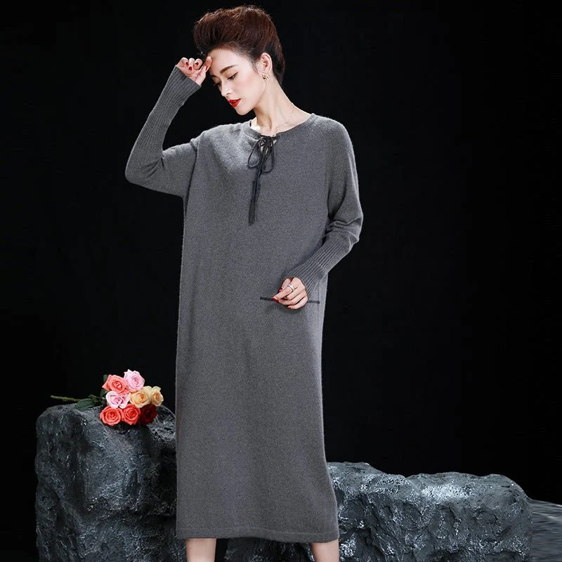 Vestido midi de punto de cachemira para mujer Vestido holgado de manga larga con cuello anudado - Imagen 5