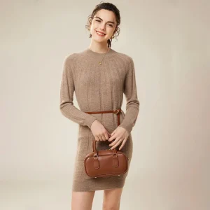 Vestido de punto acanalado de cachemira para mujer Vestido de cachemira pura de manga larga