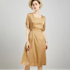 Vestido de seda de cuello cuadrado de mujer Mangas de seda Midi Vestido