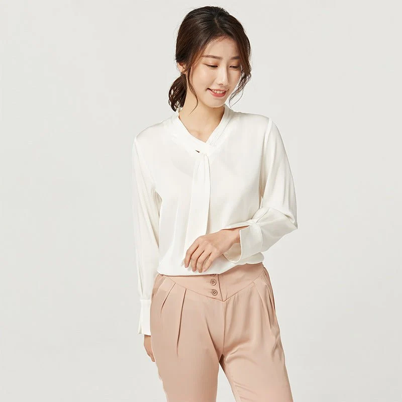 Camisa de seda pura para mujer Blusas de seda de trabajo con cinta de morera - Imagen 3