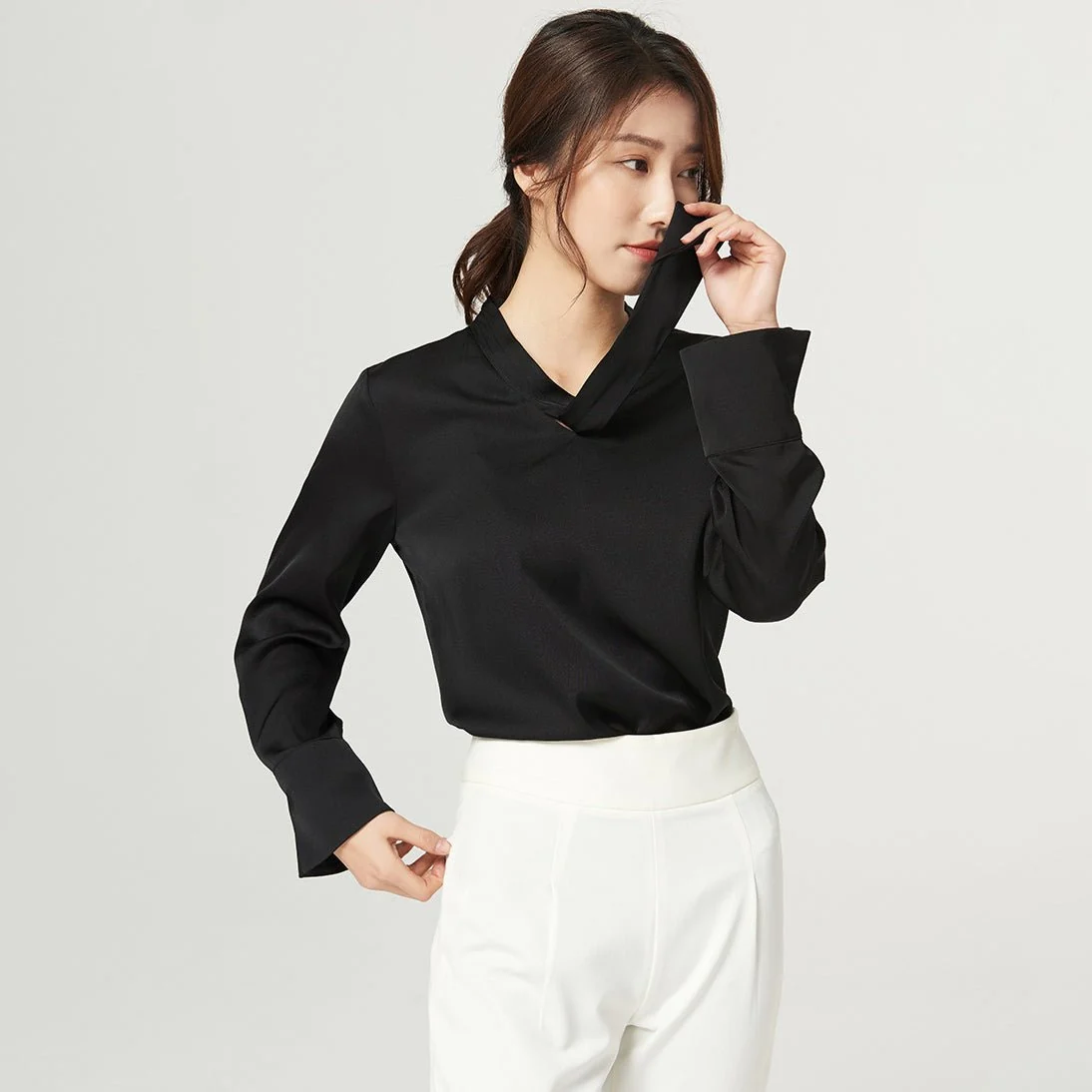 Camisa de seda pura para mujer Blusas de seda de trabajo con cinta de morera - Imagen 6